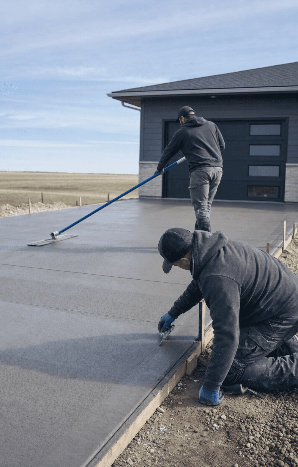 Workers finishing fresh concrete with a bull float in an illustrative North Plains residential scene